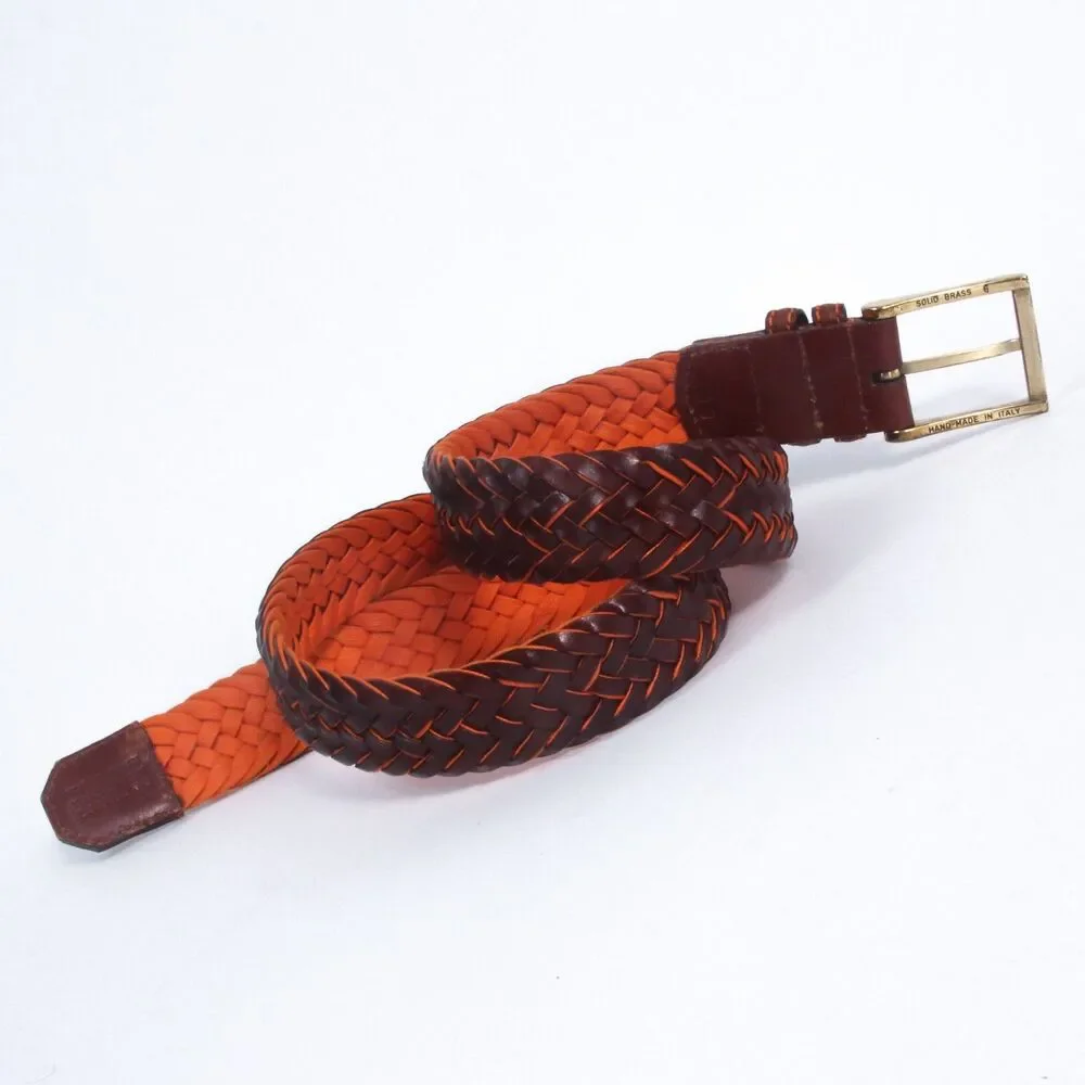 Barneys New York Mens Size 36 Woven Braided Leather Belt Brown Solid Brass Italy